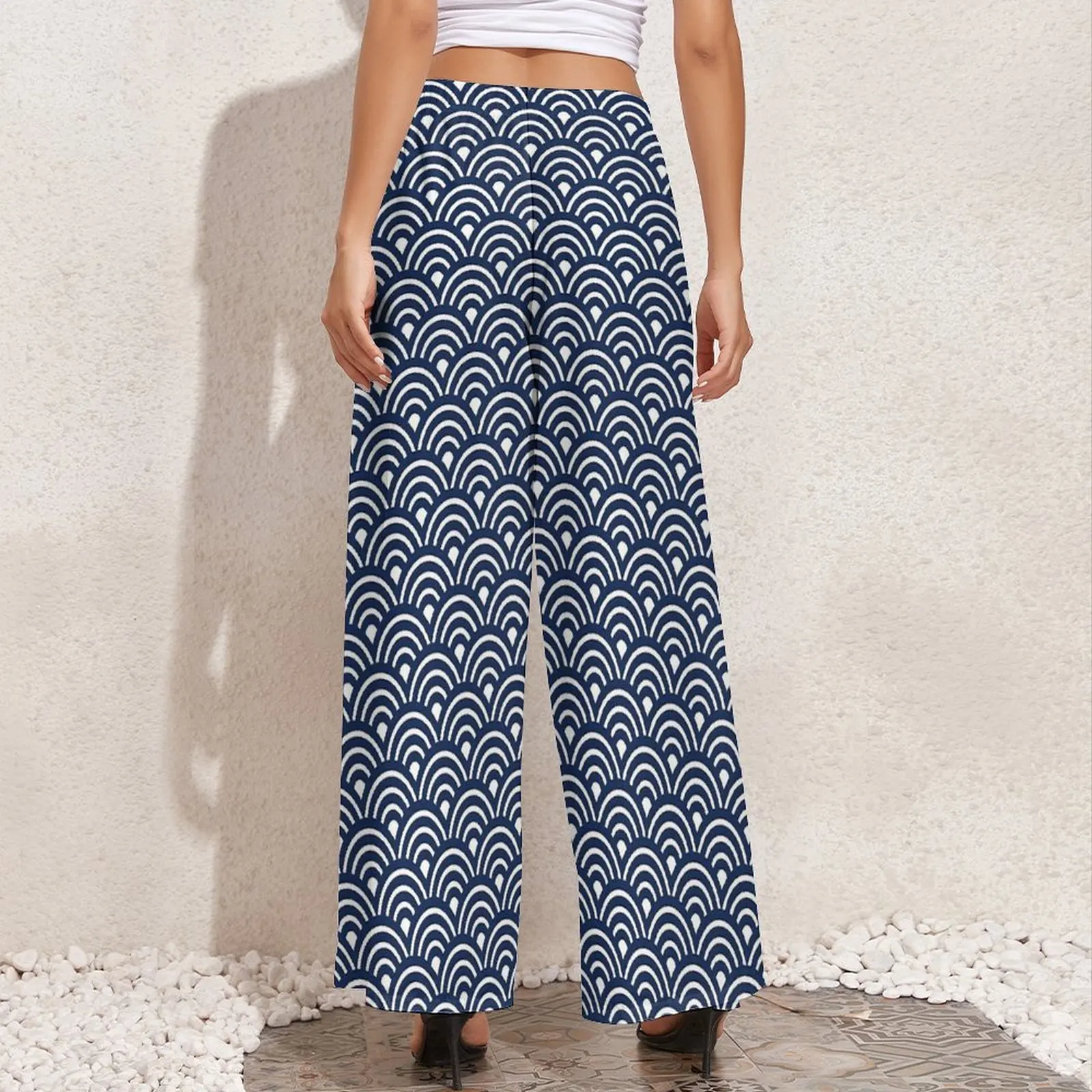 Retro Japanese Seigaiha Pants Elastic High Waist Blue Ocean Waves Elegant Trousers Street Fashion Printed Wide Pants