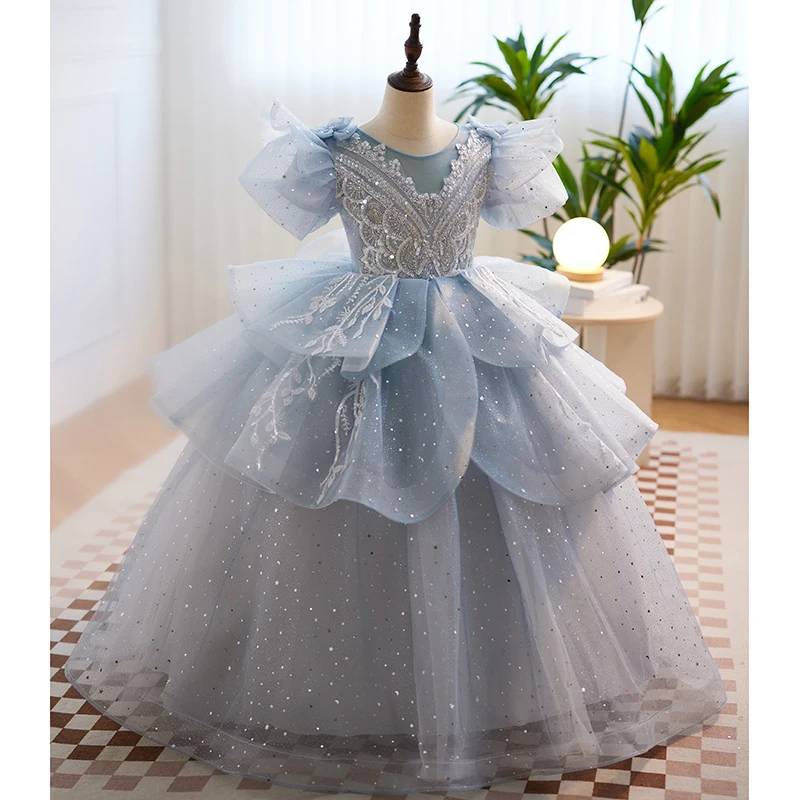 Tule azul princesa vestido em camadas menina crianças puff manga o-pescoço floor-length chiffon vestidos de lantejoulas brilhantes rendas beading vestido de baile