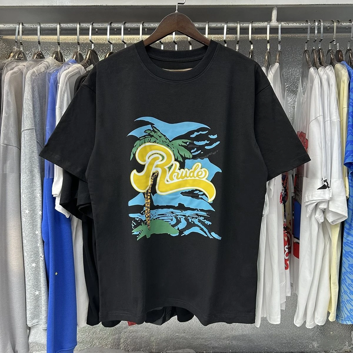 

American Fashion Coconut Tree Small Fresh Print High Quality Cotton Casual Large Size Loose Short Sleeve T-shirt Men and Women
