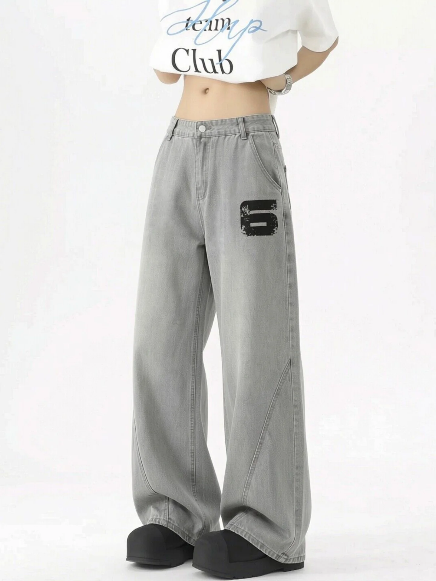 

American Letter Print Jeans Men's High Street Vibe Trendy Loose Wide Leg Pants Boys' Casual Straight Tube Jeans