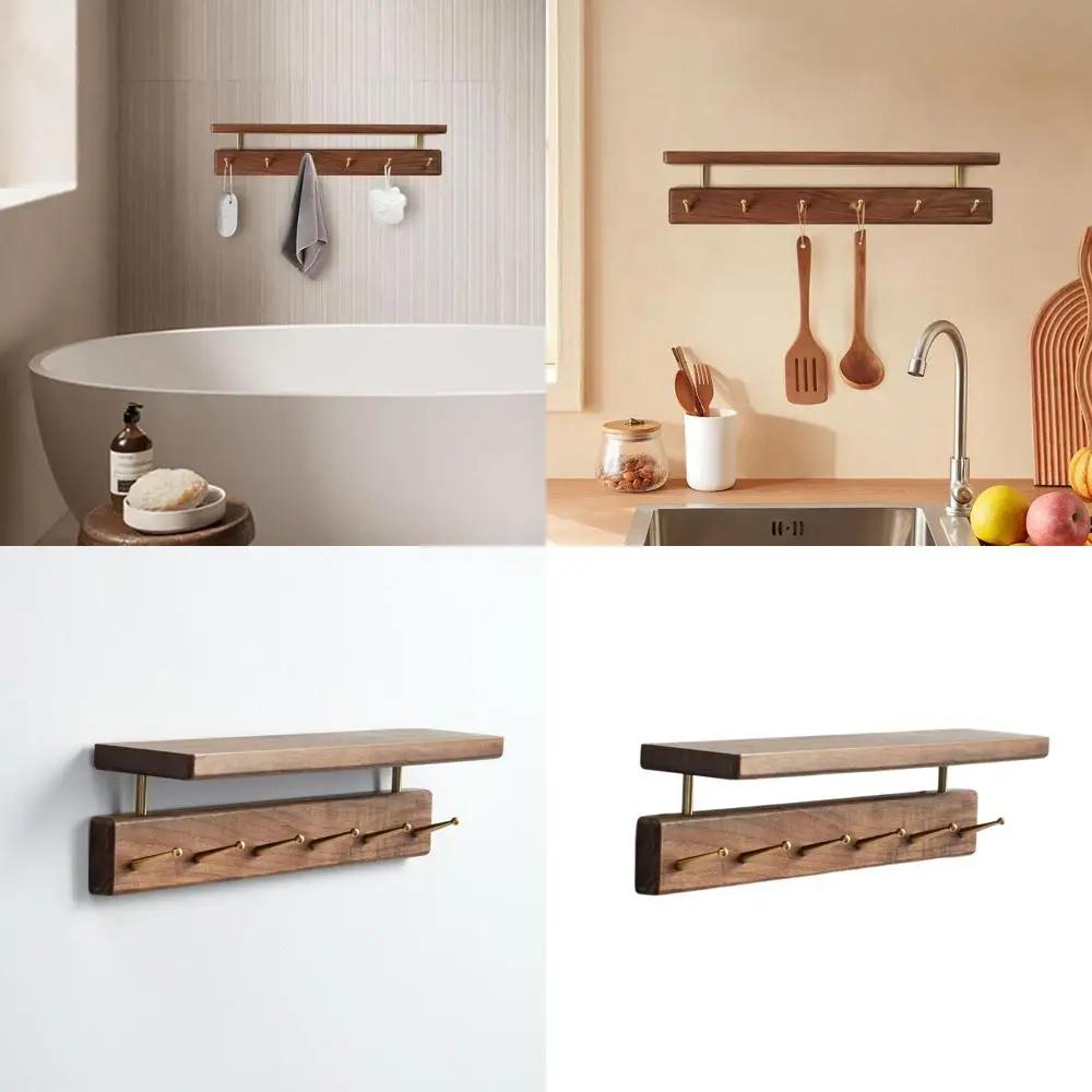 

Walnut 19 Wall-Mounted Coat Rack with 6 Brass Hooks for Home Entryway, Living Room, Bathroom, and Kitchen