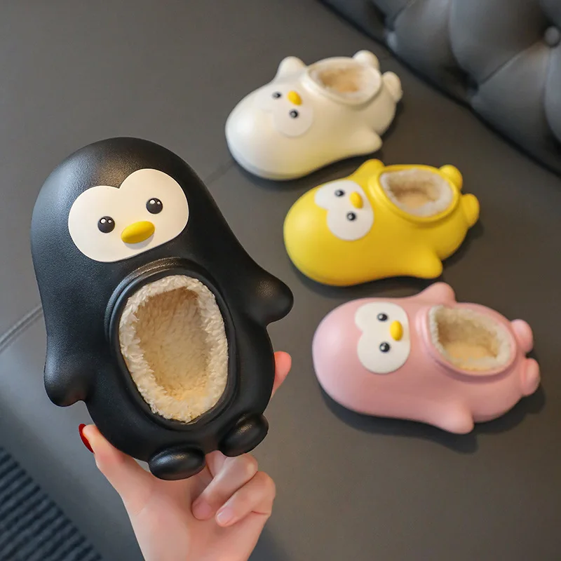 Boys Girls Penuins Cozy House Slippers Warm Plush Winter Cotton Slipper Kids Cute Cartoon Indoor Shoes