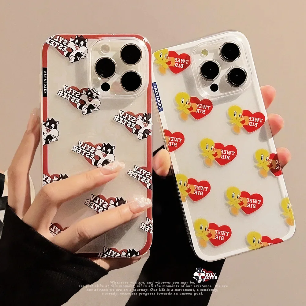 Retro funny Sylvester Tweety transparent Phone Case For iPhone 16 15 14 13 12 11 Pro Max Xr 15 16 Plus Case Cute Cartoon Cover