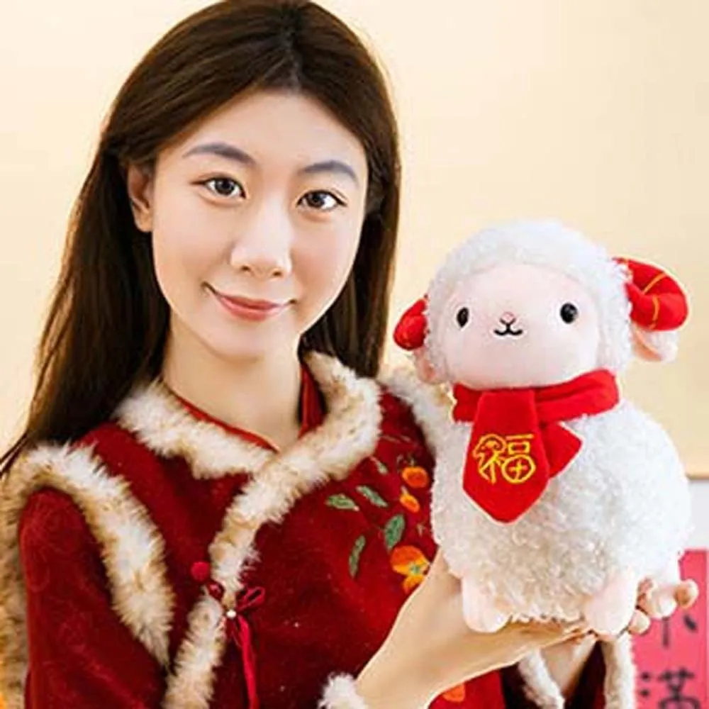 Fortune Scarf Ornament White Zodiac Sheep Doll Cute Chinese 2027 Ram Mascot Embroidered Soft New Year Gift Corporate Event