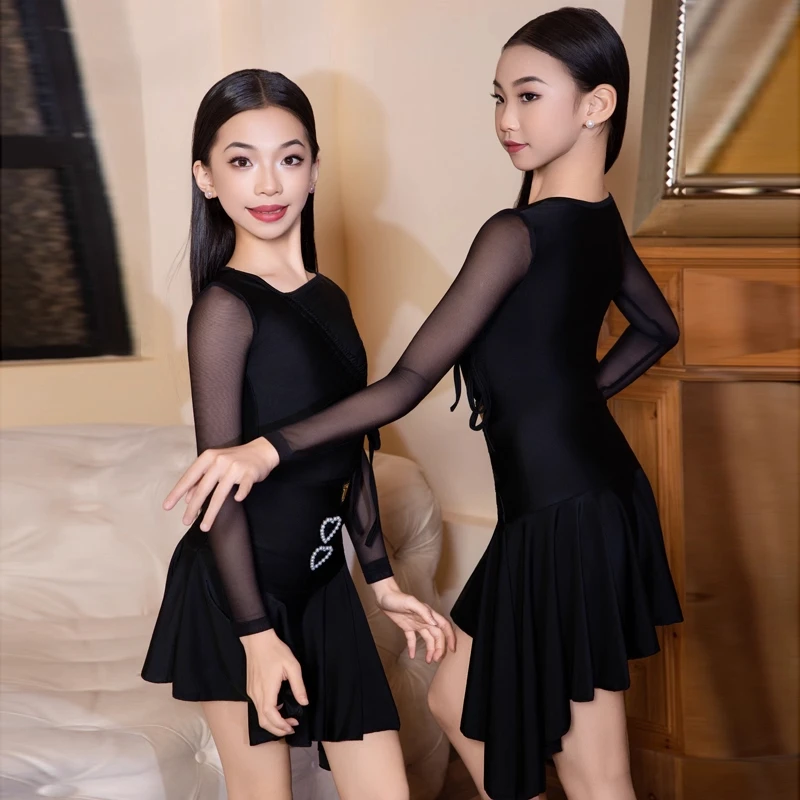 جديد أسود اللاتينية الرقص الزي الفتيات طويلة الأكمام أداء دعوى تشا تشا رومبا ممارسة ارتداء طفل ملابس التدريب اللاتينية VDL4518