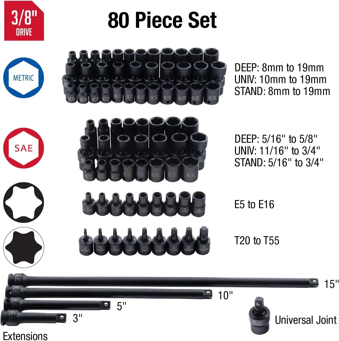 

Sunex 80-Piece 3/8" Drive Master Impact Socket Set - SAE/Metric, 5/16"-3/4", 8mm-19mm, Cr-Mo, Radius Corner, Heavy Duty Case