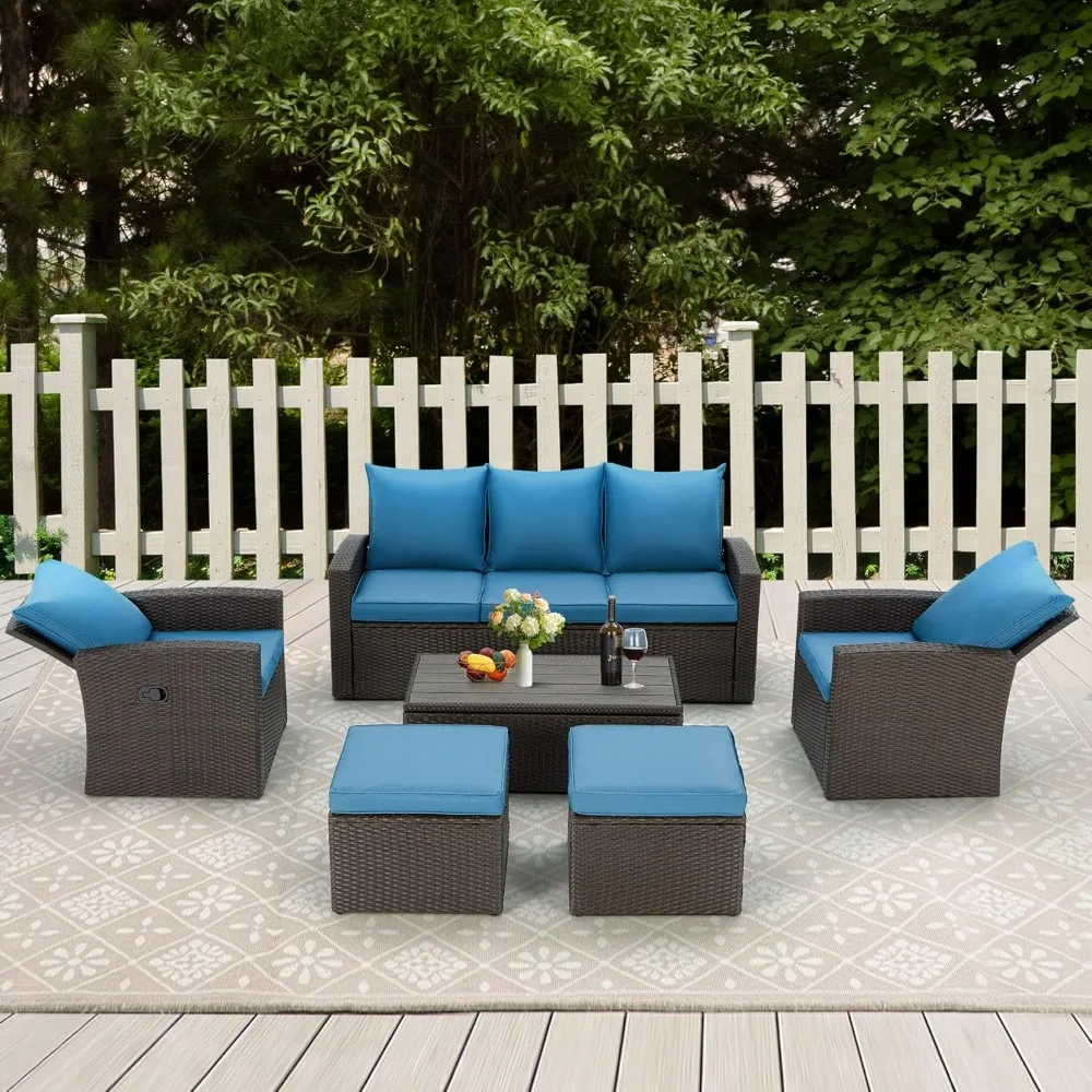 

6 Piece Patio Funiture Set Outdoor Sectional Recliner Sofa Wicker Seating with 2 Ottomans All Weather Cushions and Storage Table