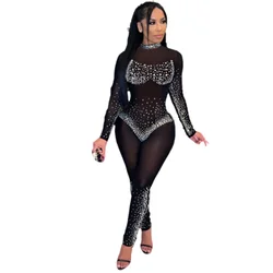 Sexy See-through Mesh Back Zipper Jumpsuit Fashion Shiny Diamante Decoration Rompers Pencil Pants New Female Slim Fit Party Wear