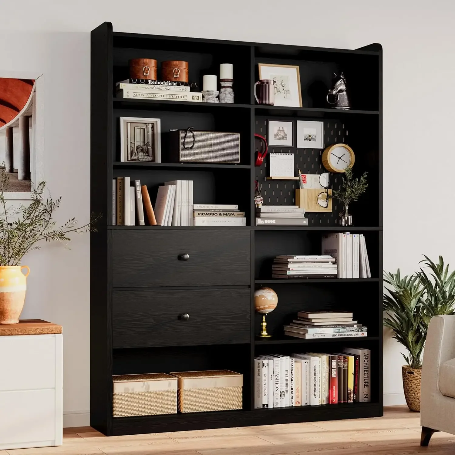 Bookshelf and Bookcase with Pegboard and Deep Drawer Display Book Shelves Modern Wide Wood Etagere Shelving Unit for Living Room