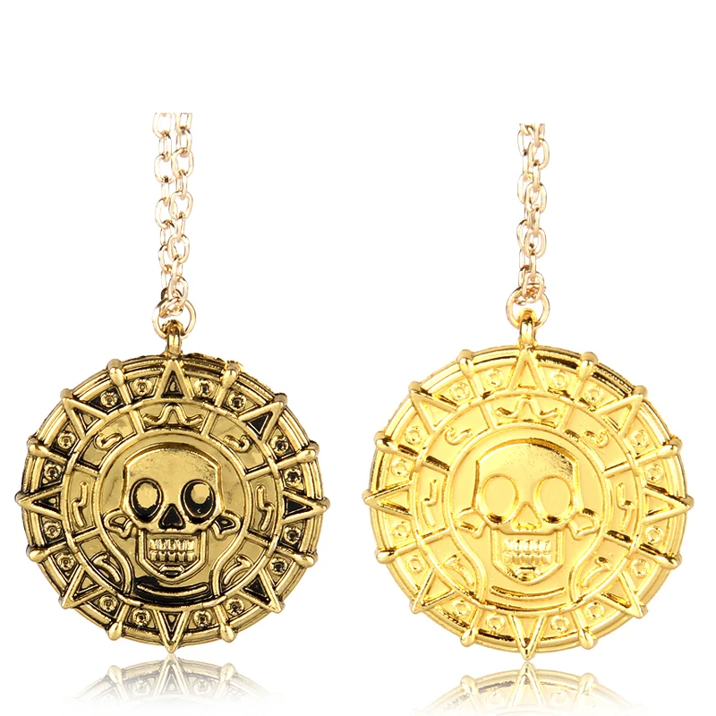 Pirates Of The Caribbean Necklace Jack Sparrow Aztec Skeleton Skull Heads Pendant Coin Medallion Vintage Jewelry