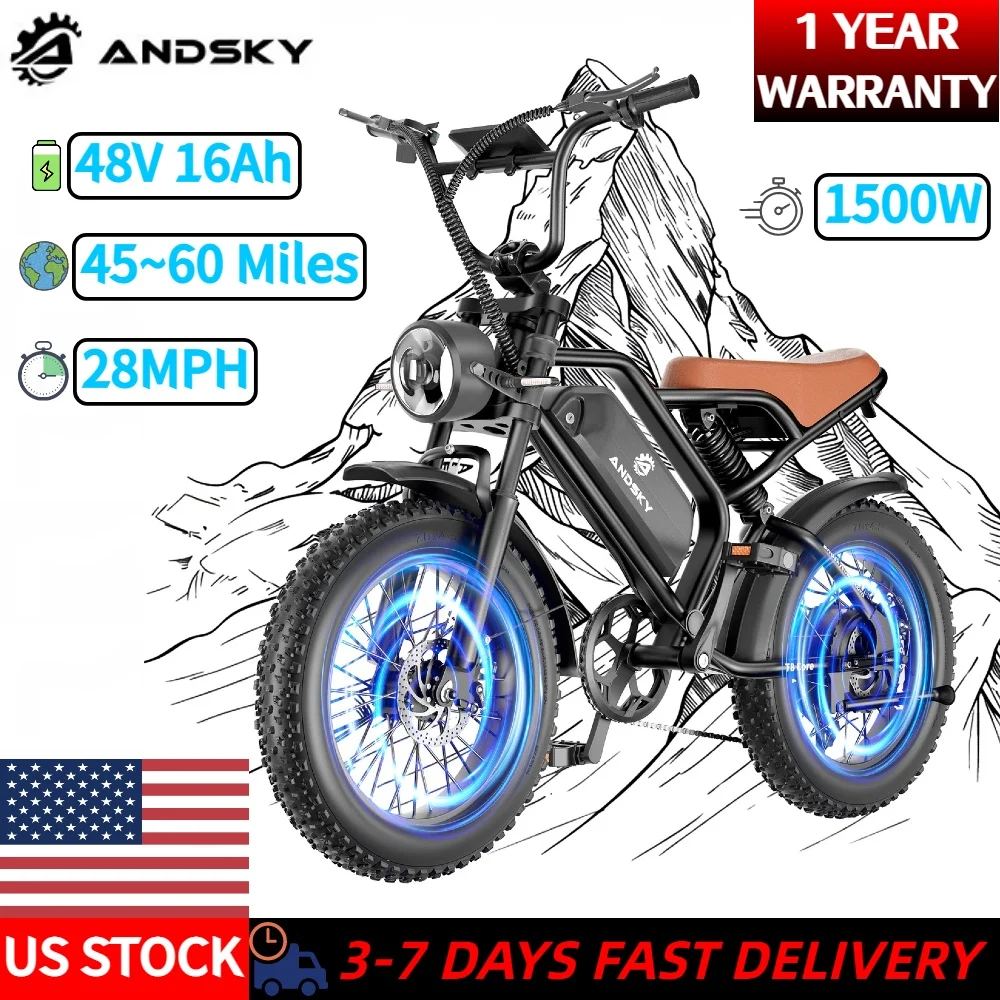 

ANDSKY T8 Core Electric Bicycle 1500W Motor 48V 16Ah Battery 28MPH Top Speed Adult Electric Bike with 7-Speed Derailleur Gears 60Miles Long Range 20"x4" All-Terrain Fat Tires E-bike