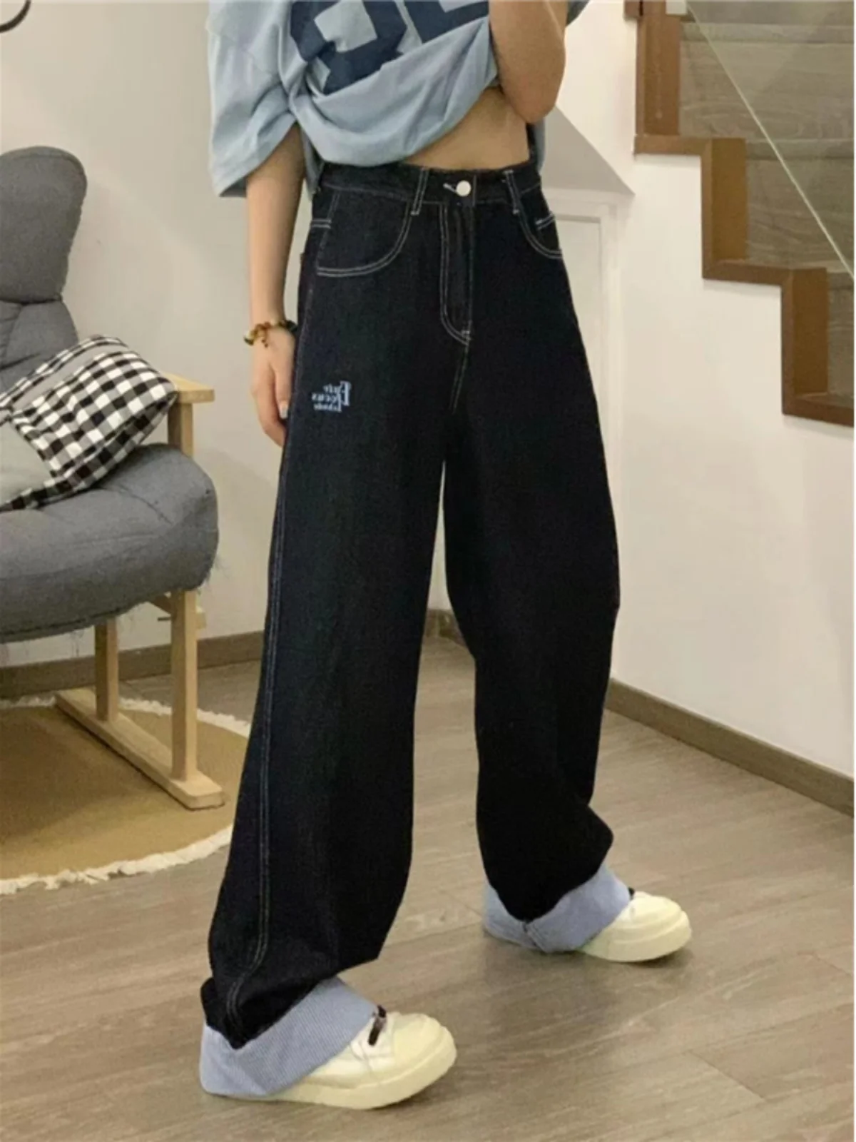 American Retro Striped Patchwork Straight Leg Denim Jeans Women's Embroidery Dra Loose Wide Leg Floor-Length Pants