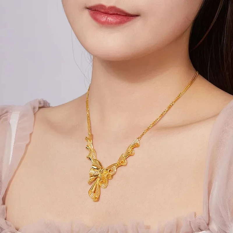 

24K Pure Gold Bracelet Butterfly Set Jewelry Womens Fashion Jewelry Gold Ring Accessories AU999 Necklace