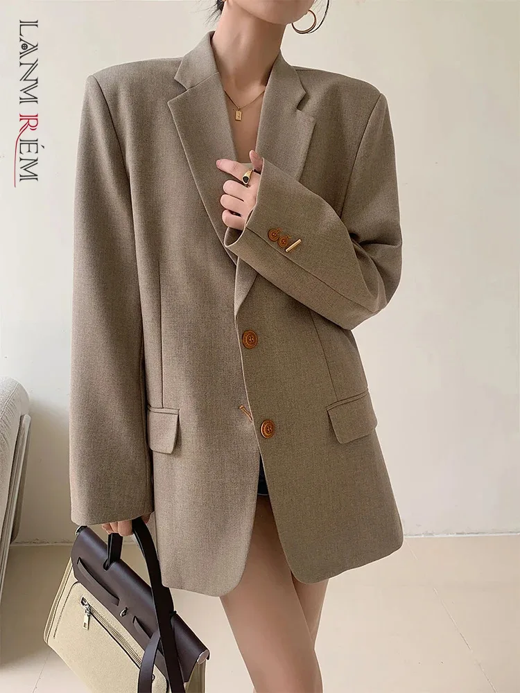 [LANMREM] Office Lady Loose Blazers For Women Single Breasted Khaki Temperament Jackets Fashion 2024 Autumn New Coat CP3087