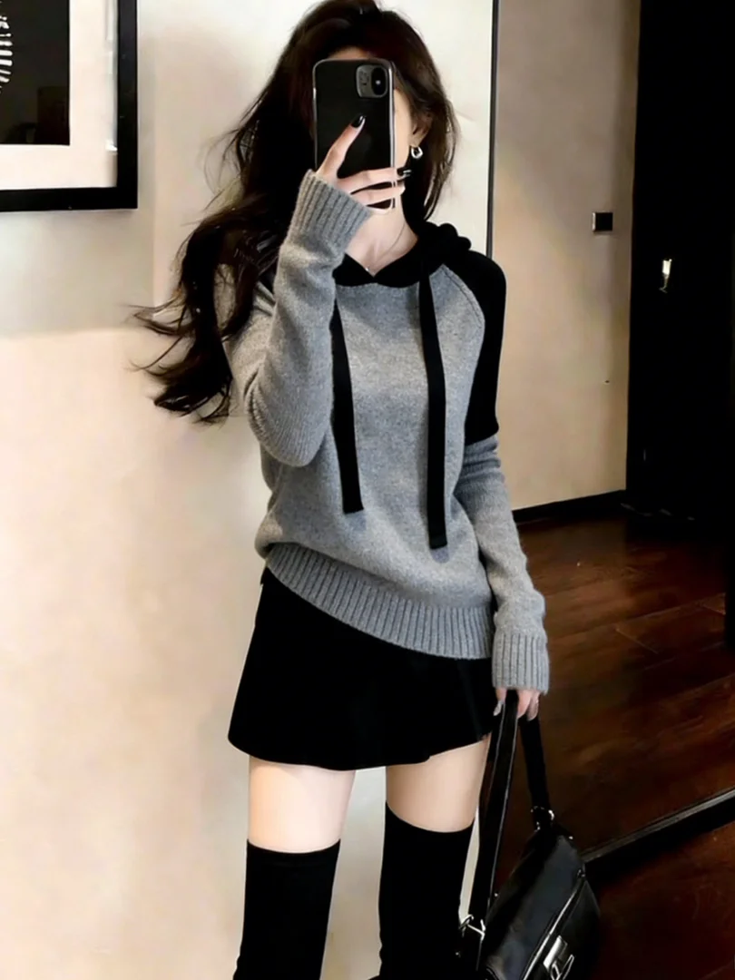 

Уникальный корейский зимний худи с цветными вставками, роскошный свободный свитер с длинными рукавами для девочек