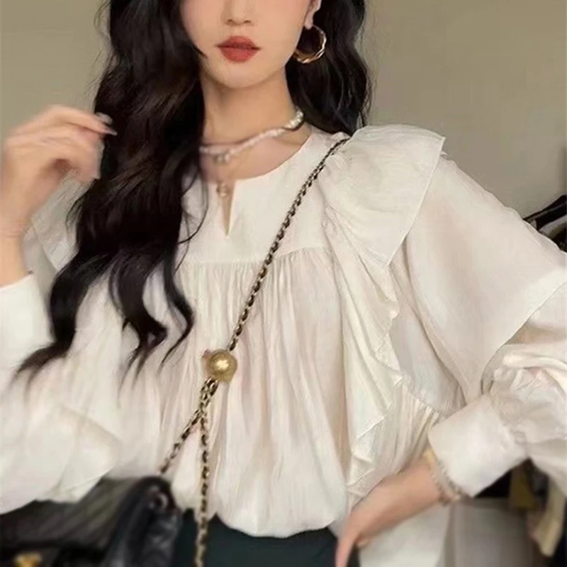 

Женские топы, блузка с воланом, свободная милая блузка с кукольным воротником и пышными длинными рукавами, однотонная Милая ретро-блузка на весну и осень