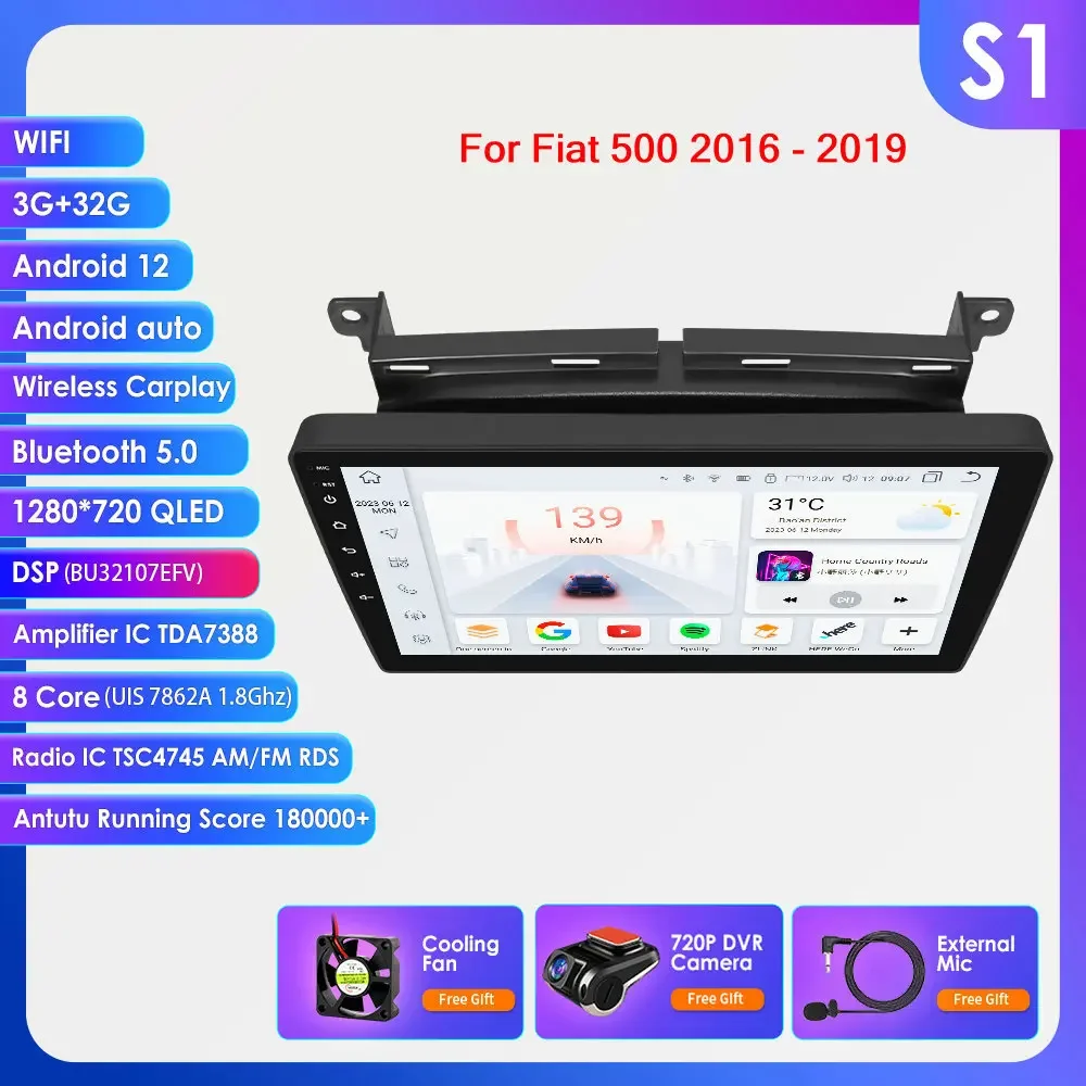 Hizpo 9 ''Draadloze Carplay Android Auto Auto Multimedia Speler Voor Fiat 500 2016 2017 2018 2019 Carplay 4G Autoradio 360 ° Camera