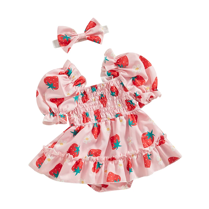 

Baby Girl 2 Piece Outfits Fruit Flower Print Ruched Short Sleeve Romper Dress with Cute Headband Set Summer Clothes