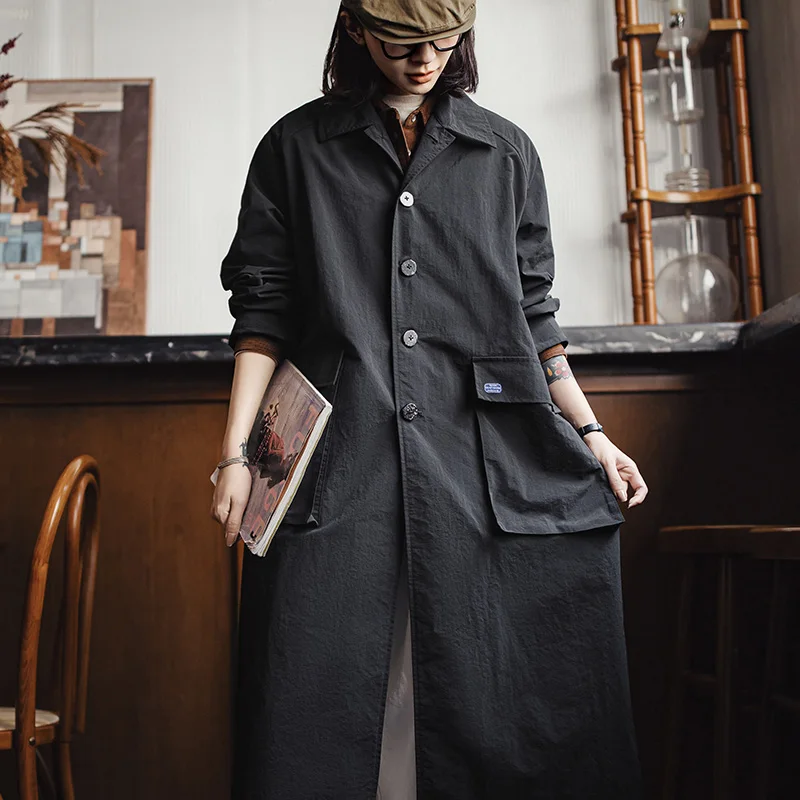 Maden Abrigo Balmacaan negro para mujer, abrigo cortavientos de longitud media con cuello de un solo pecho para primavera y otoño, gabardina para ir al trabajo