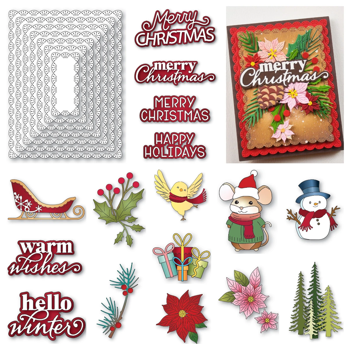 

2025 New Dies Winter Merry Christmas Holly Snowman Poinsettia Peace Love Joy Stylish Script Dies DIY Scrapbook Card Holiday Gift