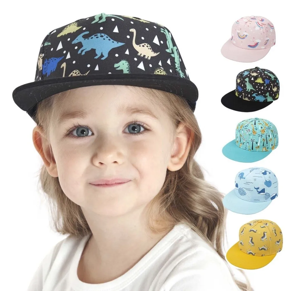 

Adjustable Closure Kids Snapback Hat Five-Panel Structure Breathable Cotton Toddler Flat Brim Cap Vibrant Pattern Wide Sun Visor