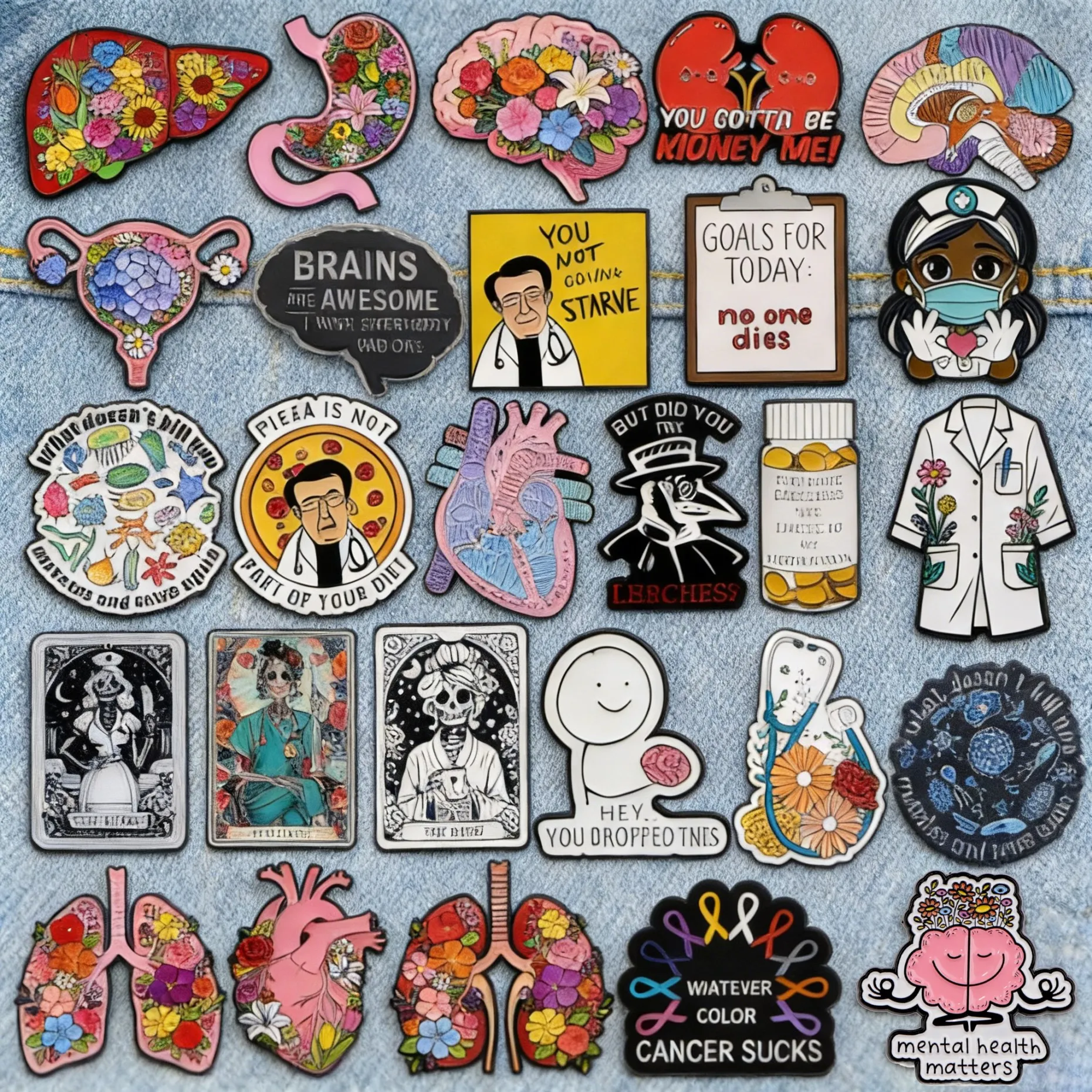 Medical Themed Enamel Pins Floral Organs Nurse Doctor Brooches for Backpacks Funny Lapel Badges for Healthcare Workers & Gifts
