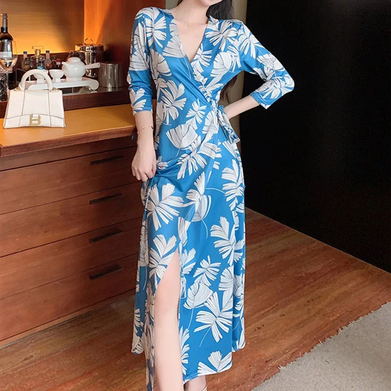 

Women 2023 Blue Leaves Print Summer Dress Wrap V Neck Short Sleeve robe vestidos para mujer Belted A-Line Bohemian Maxi Dresses