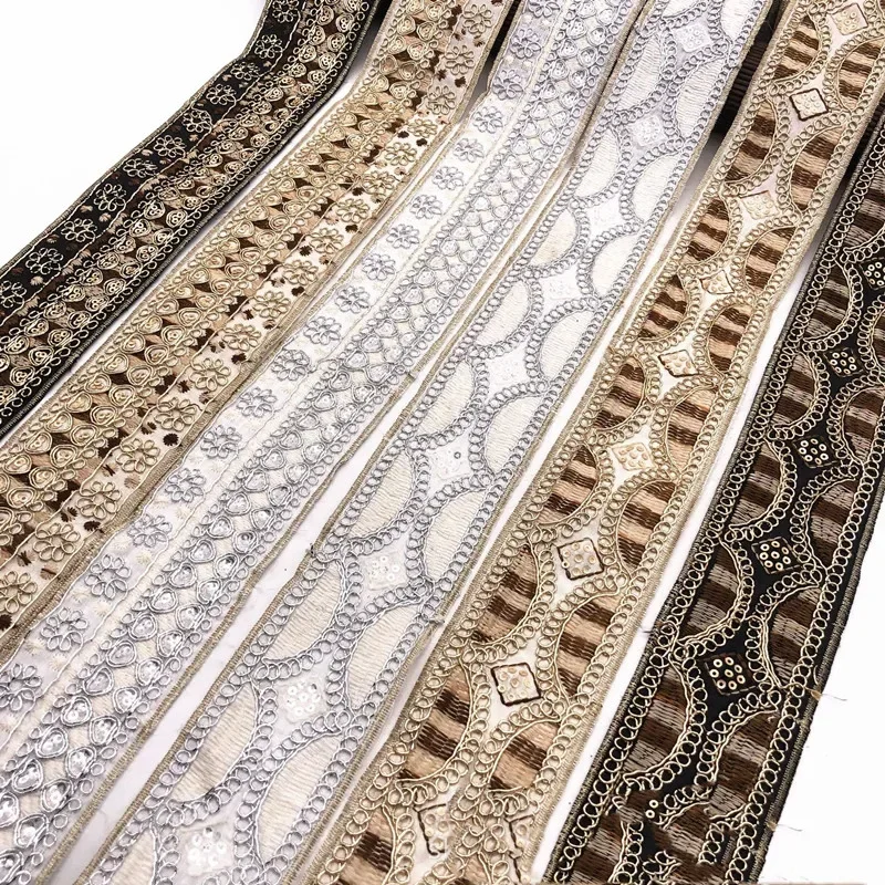 Vintage Ethnic Embroidery Lace Ribbon, Sequins, Boho Lace Trim, DIY Clothes, Bag Accessories, Embroidered Fabric, 1 Yards