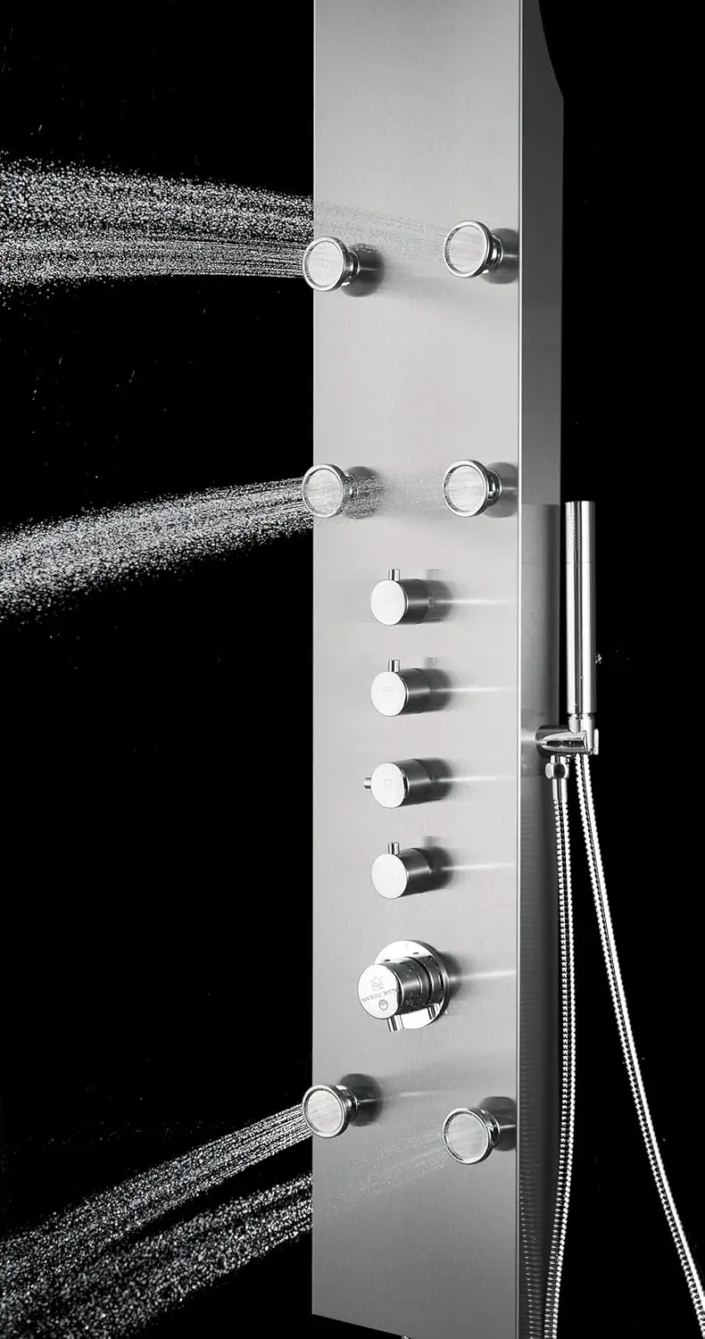 62” Stainless Steel SPS88991 Thermostatic Shower Panel Column with Rainfall Shower Head, Body Nozzles