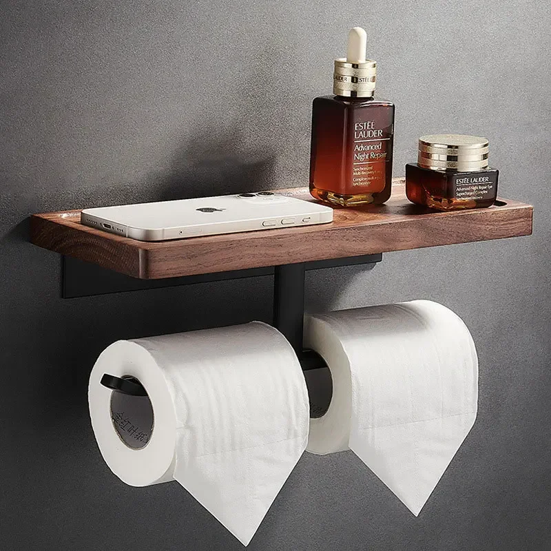 Toilet Paper Holder with Black Walnut Shelf for Bathroom,Wall Mounted Tissue Double Roll