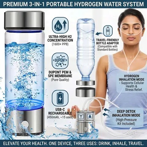 Portable 3 In 1 Hydrogen Water Bottles Generator SPE PEM Glass Ionizer Machine Rechargeable Anti Aging Healthy Purifier 1600 PPB