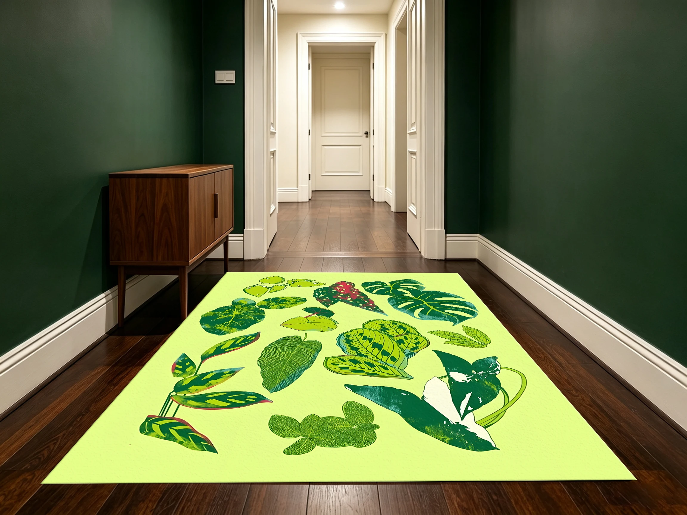 2D Carpet with Hand-Painted Colorful Tropical Green Leaves in a Fresh Natural Style for Living Room and Bedroom