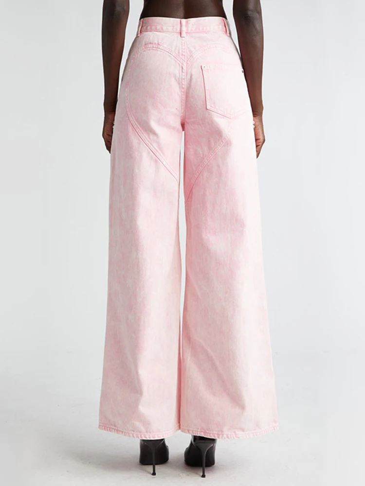  Flash Diamond Embellished Hollow out Pink Denim Wide Leg Pants Women's Heart Butt Long Trousers Trendy High Waist Po...