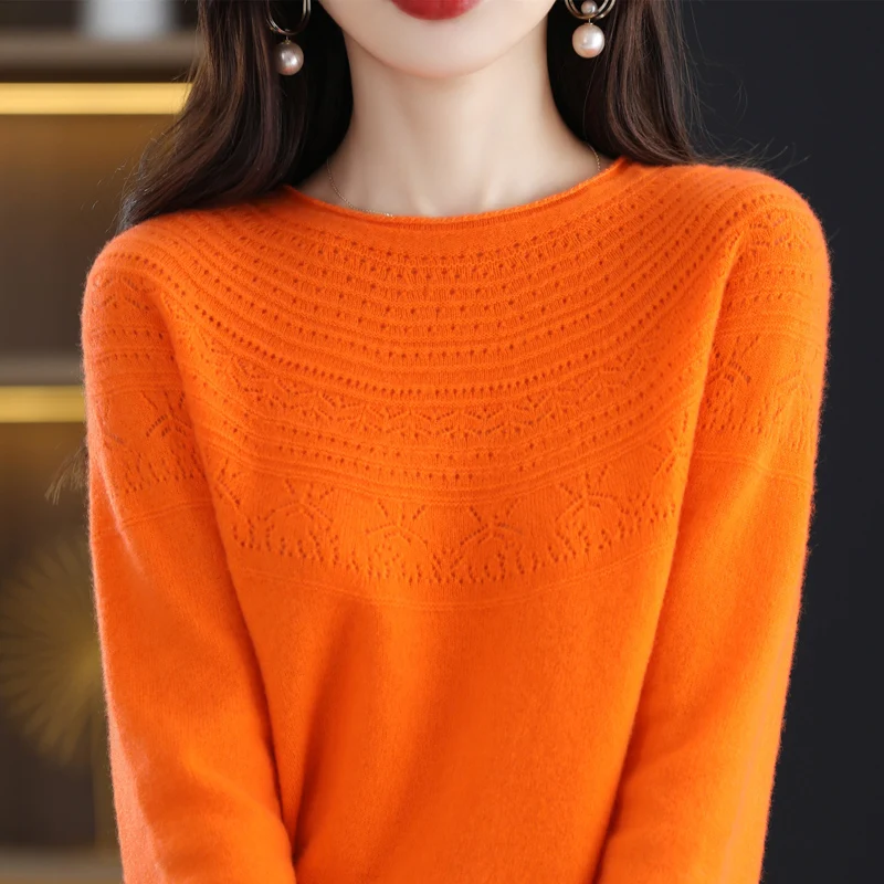 Fall/winter 100% wool single-thread ready-to-wear hollow women\'s pullover curled O-neck cashmere sweater knitted solid color