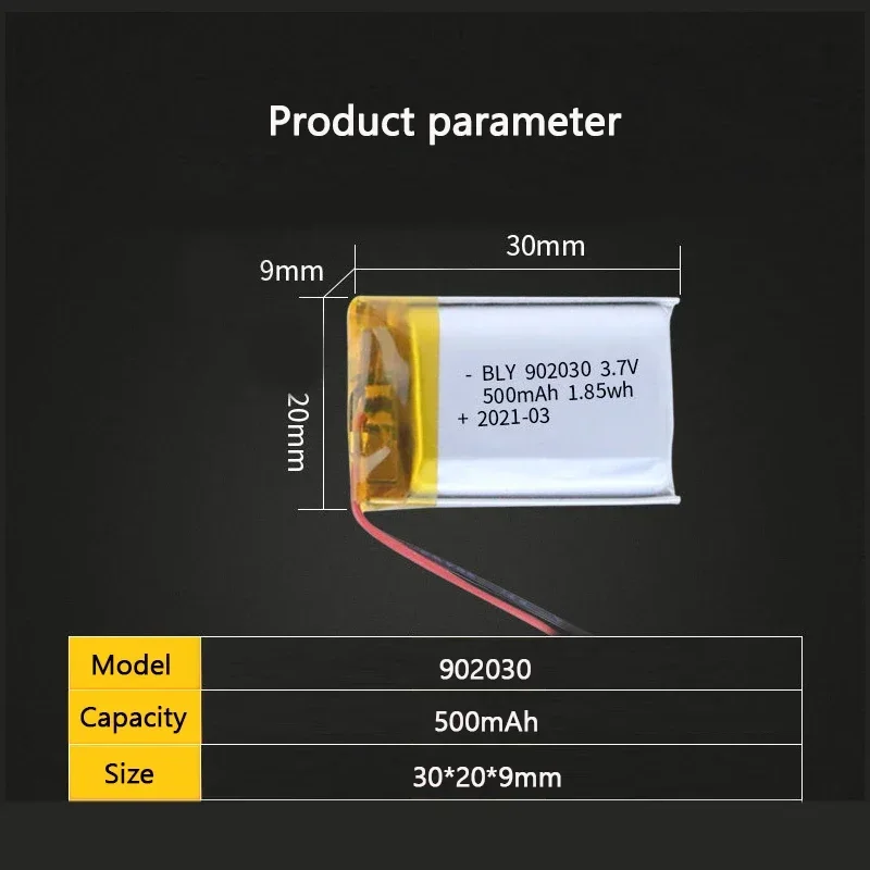 3.7V 500mAh 902030 polymer lithium ion rechargeable battery for Consumer electronics toys LED lights bluetooth speakers