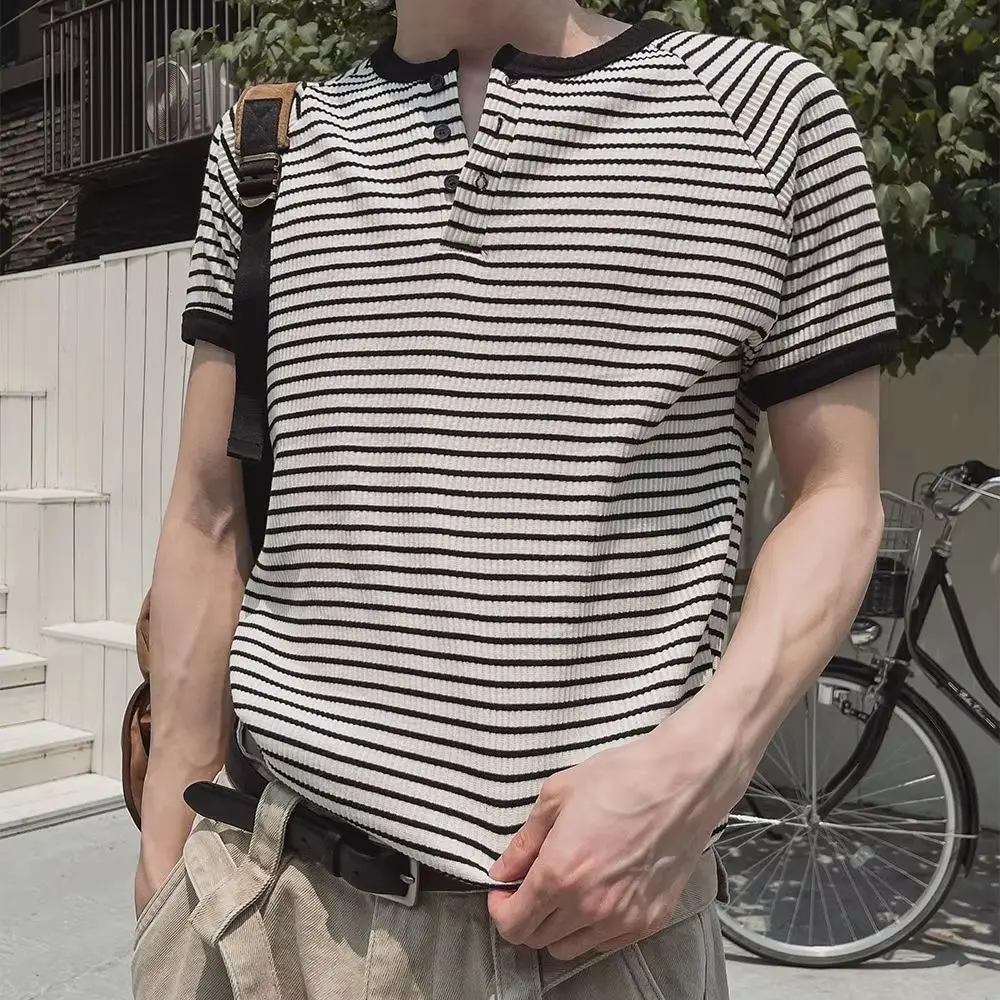 Men's Striped Cable-Knit Short-Sleeve T-Shirt Simple Casual Versatile Soft   Loose-Fitting Short-Sleeve Top