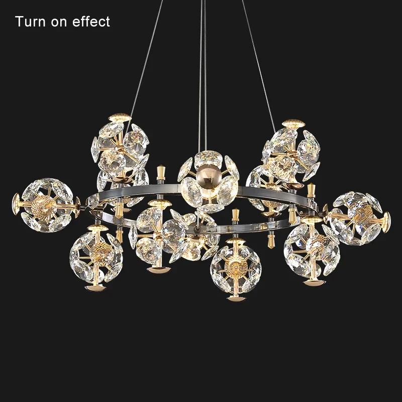 SUN Flower Crystal Chandelier - Luxury Gold & Black Pendant Light | Designer LED Hanging Fixture for Bedroom & Living Room Decor