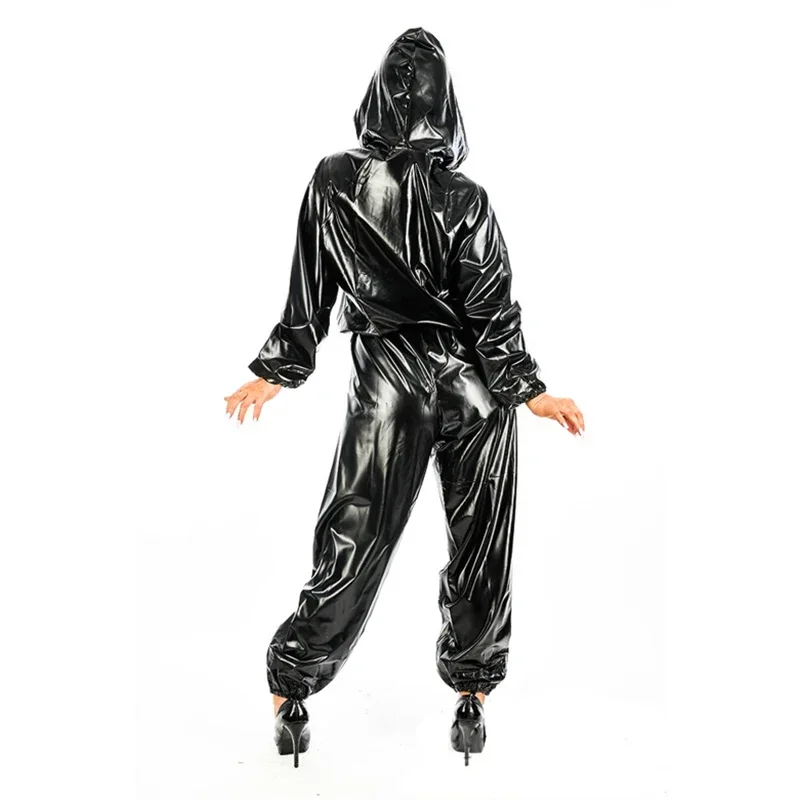Glossy PU Leather Hooded Jumpsuits Women Gothic PU Bloomers Overalls Ladies PVC One Piece Costume Clubwear New Custom