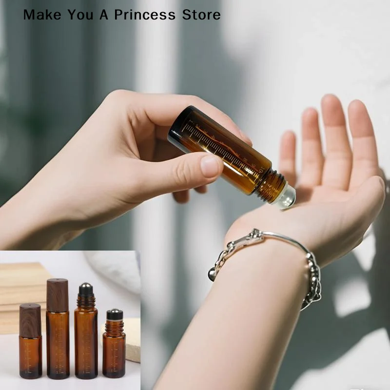 【HBA】5ml 10ml Amber Clear Glass Roll On Bottles Plastic Wood Grain Cap Sample Roller Ball Vials For Essential Oil Perfume
