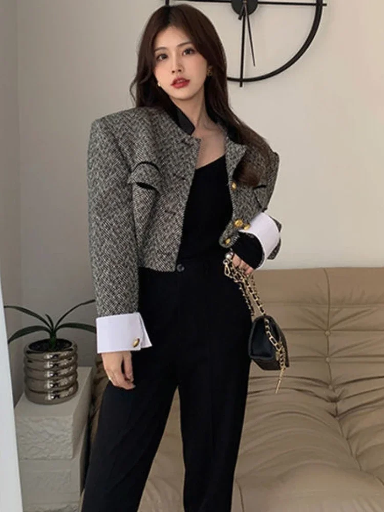 Woherb New Fashion Korean Chic Vintage Tweed Jacket Coat Women Spring Contrast Color Cropped Jackets Elegant Office Lady Outwear