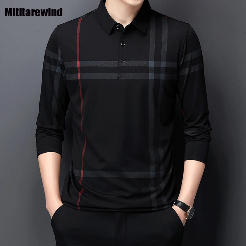 

Autumn New Mens Long Sleeve Tees Middle-aged Male Social Shirt Casual Business Polo Shirts Lapel Print Black TShirt Fashion Top