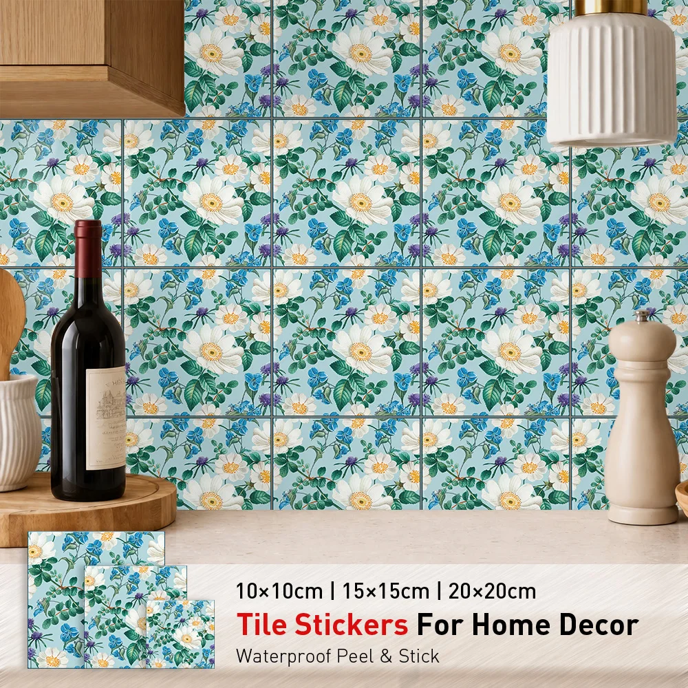 Daisy Tile Stickers Waterproof Peel and Stick Self Adhesive Oil Proof Backsplash Decals Floral Wallpaper for Kitchen Wall Art