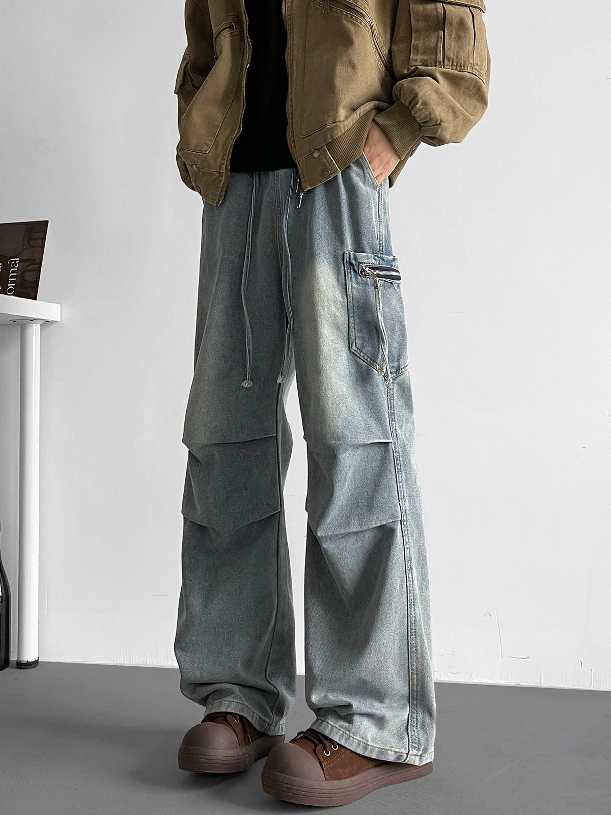 

Casual Waed Folded Men's Jeans Straight Leg Loose Fit Anti Dirt Modern Sle Spring Autumn Youth ular Wide Leg Pants