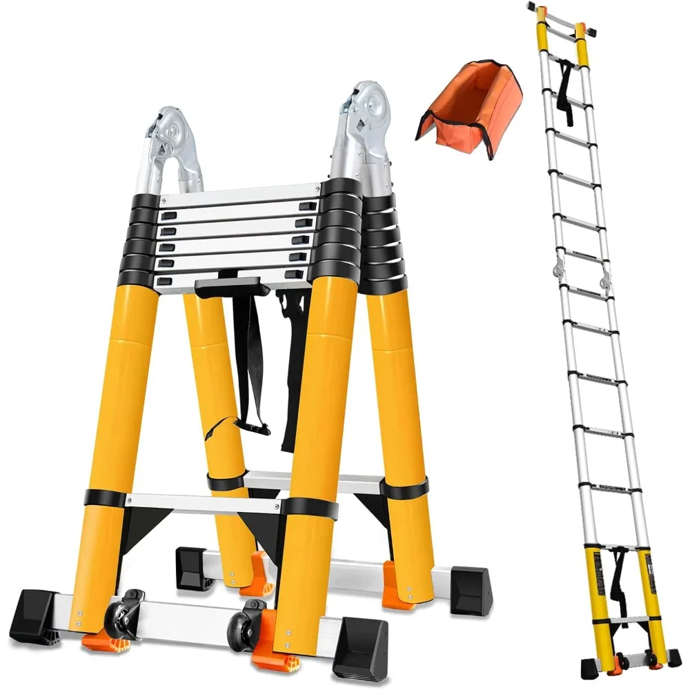 

20FT A Frame Telescoping Ladder, Type-A Collapsible Extension Ladder with Double Balance Bar & Wheels, 330lbs Capacity