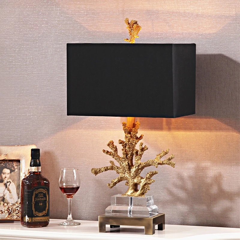 American Vintage Floor Lamp Creative Resin Coral Crystal Desk Lights Bedroom Bedside Living Room Study Decorative LED Luminaires