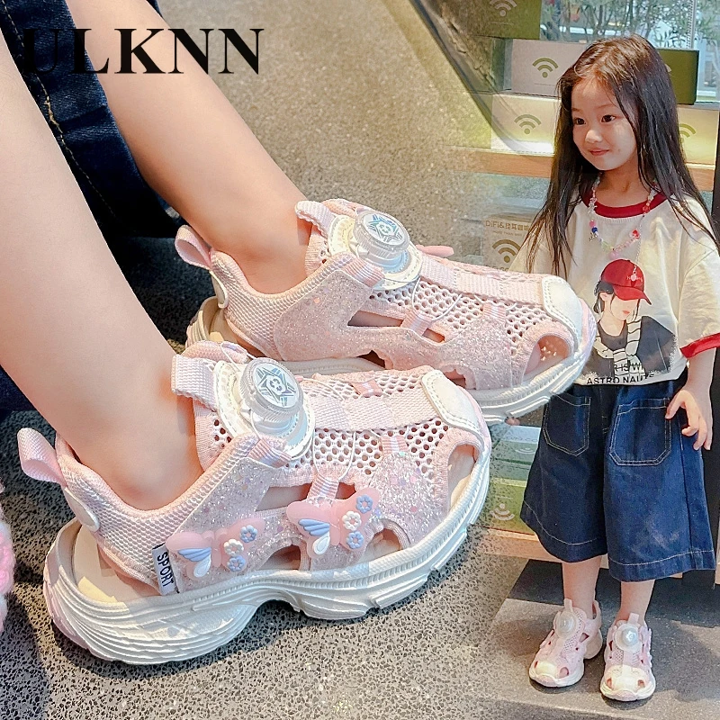 Girls Purple Sandals Students Breathable Sports Sandals Baby Non-slip Girls Single Net Sandals Rotating Button Casual Butterfly