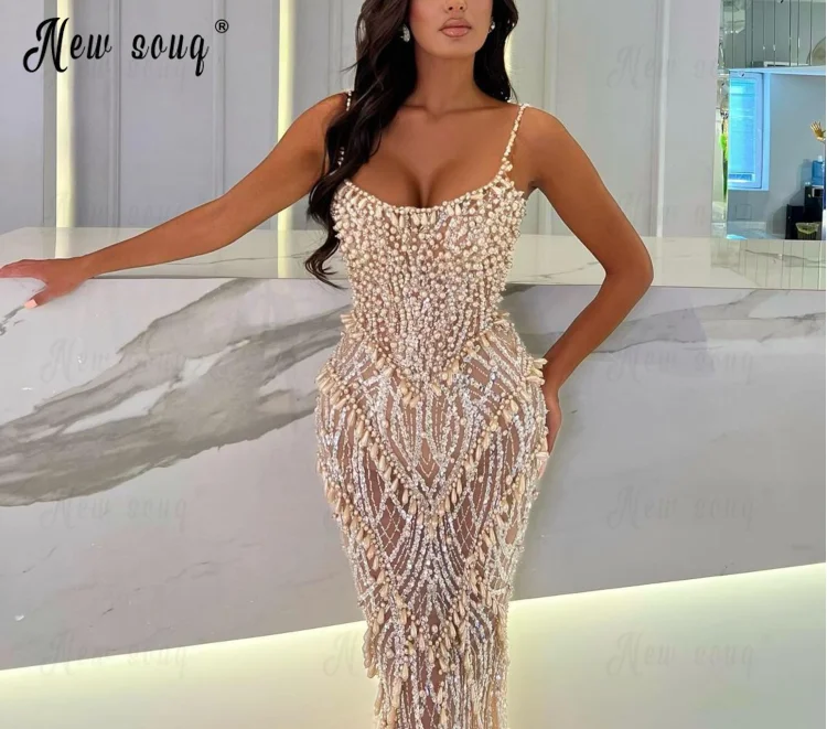 Dubai Straps Champagne Party Dress Pearls Covered Long Mermaid Evening Dress Women Beaded Pageant Cocktail Dress Bridal Gowns