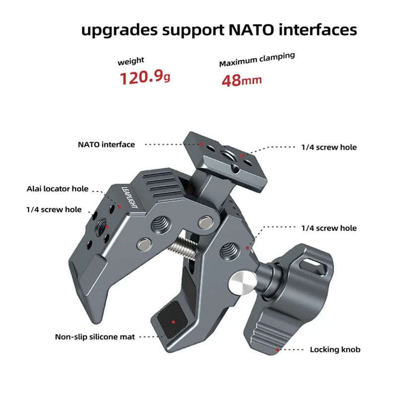 Superabrazadera multifuncional de garra de cangrejo con Base NATO, potente abrazadera fija para monitores de cámara DSLR, micrófono, luces Led, fácil de usar