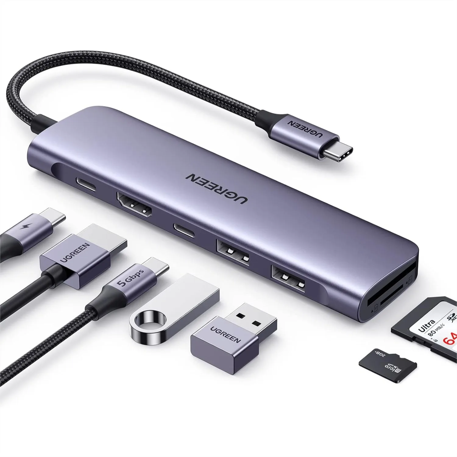 

USB-хаб 7-в-1 для ноутбука, 4K HDMI, зарядка PD 100 Вт, порты USB-A/C для передачи данных, кардридер SD