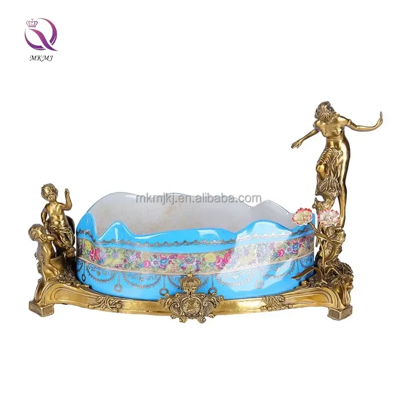 Antique Home Decor Hand Painted Classical European Style Fruit Bowl Luxury Gold Brass Metal Blue Porcelain Tray and Vase Set view 2